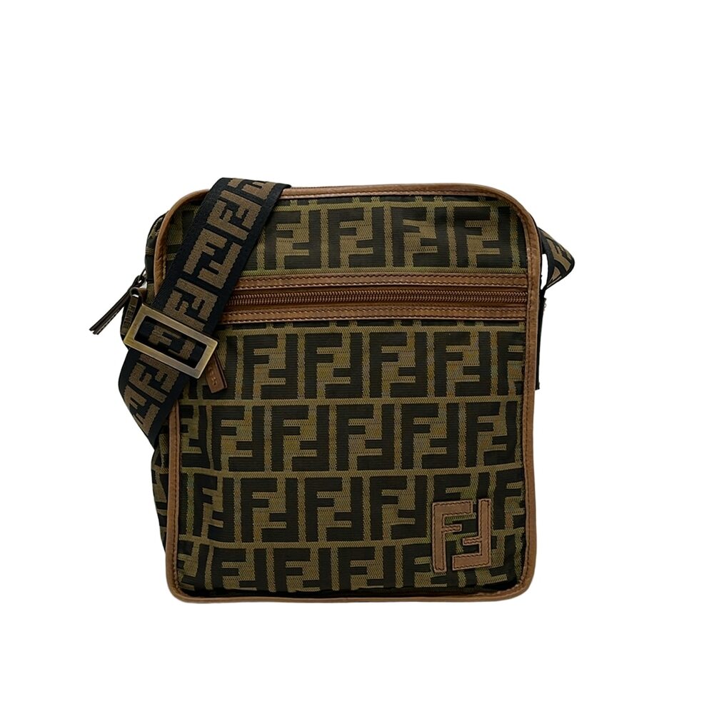 Fendi Zucca Shoulder Bag 7VA152 Khaki Black Brown Nylon Jacquard Leather